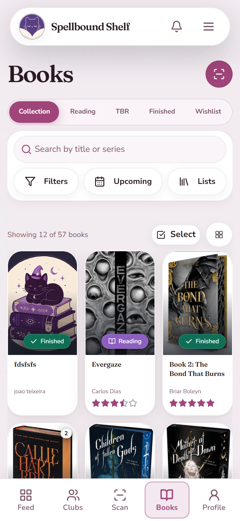 Spellbound Shelf library grid in Enchanted Parchment theme