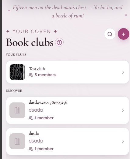 My SpellBound Shelf book clubs screen with your clubs and discover list