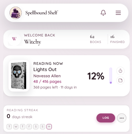 My SpellBound Shelf feed showing reading progress on mobile
