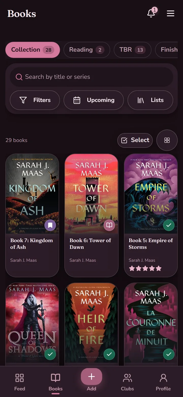 Books grid with a reading status on each cover