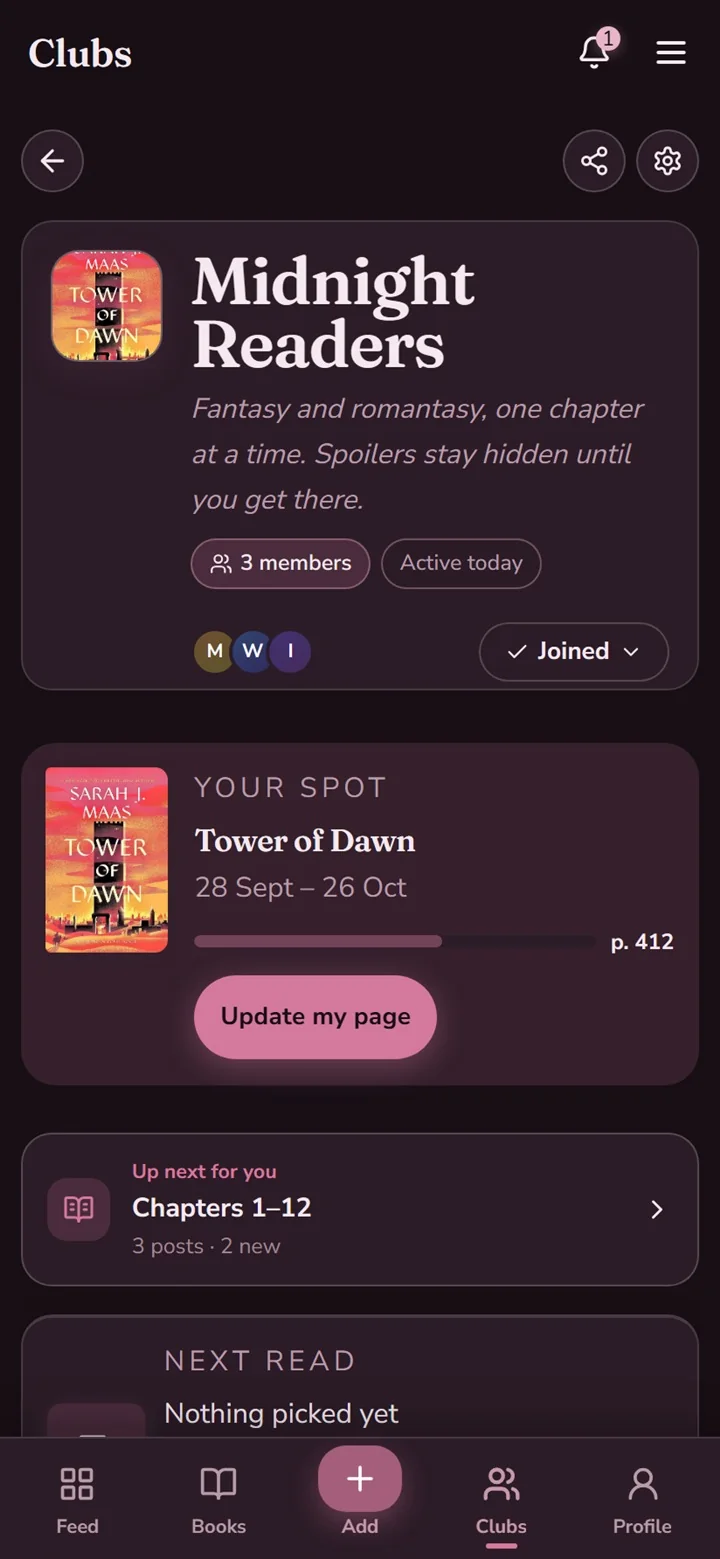A book club page in Spellbound Shelf