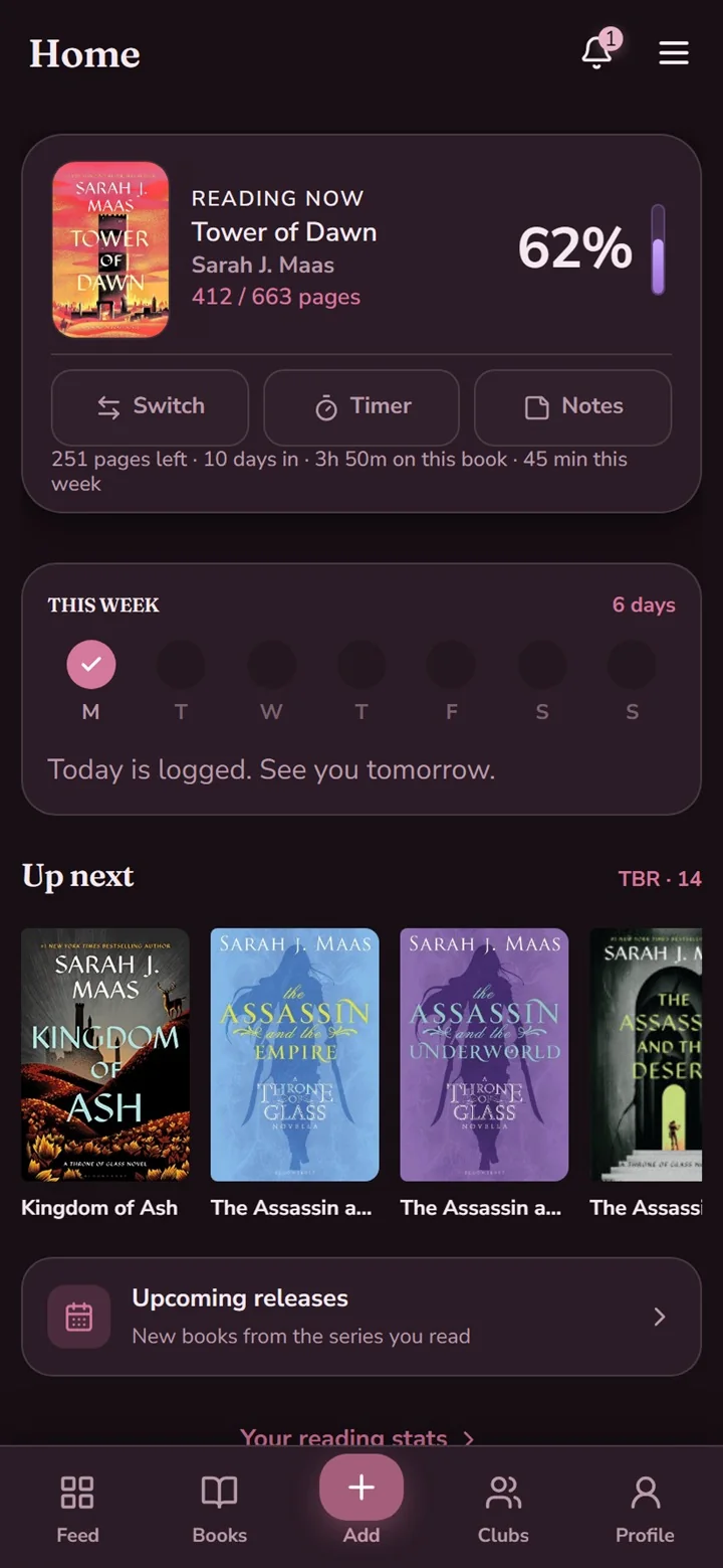 Spellbound Shelf home screen: the book you are reading, this week’s streak and what is up next