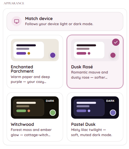 My SpellBound Shelf appearance settings with multiple color theme options